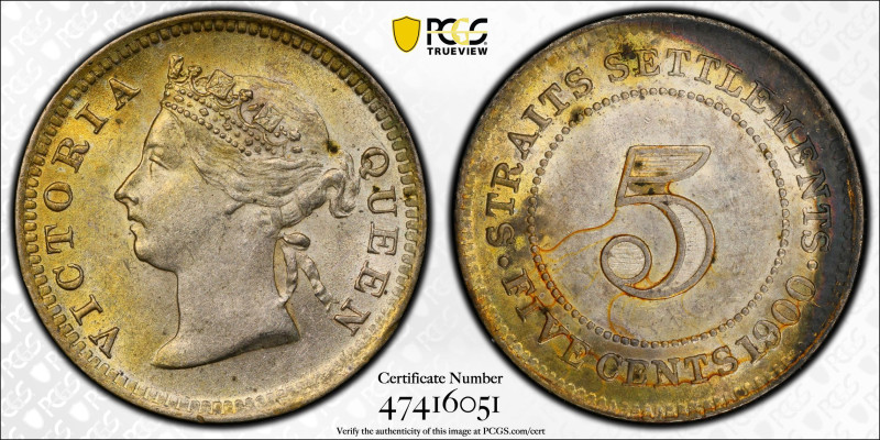 Straits Settlements 5 Cents 1900. PCGS MS 62

KM-10; Great little silver coin,...