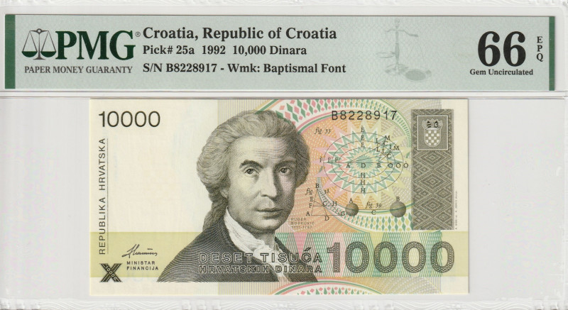 Croatia 10000 Dinara 1992. PMG Gem UNC 66 EPQ 

P-25a; S/N B8228917; 15.1.1992...