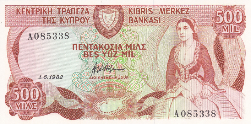 Cyprus 500 Mils 1982

P-45a; S/N A 085338; 1.6.1982; UNC