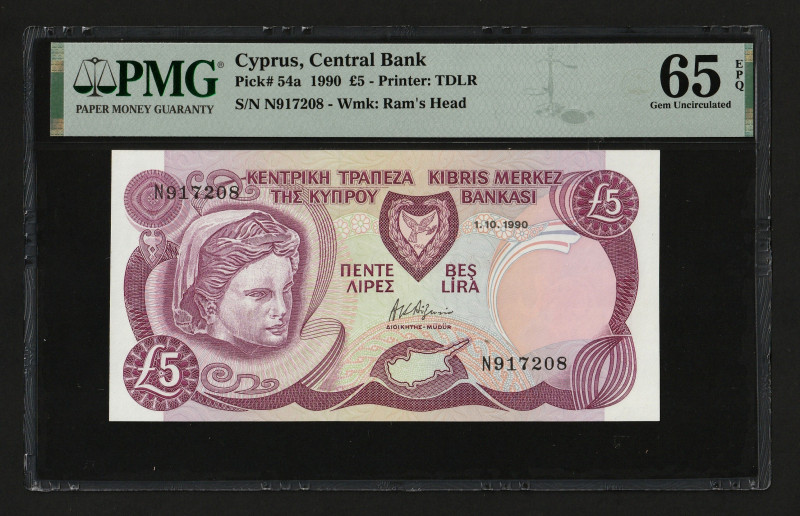 Cyprus 5 Pounds 1990. PMG Gem UNC 65 EPQ

P-54a, S/N N917208; Wmk: Ram's Head;...