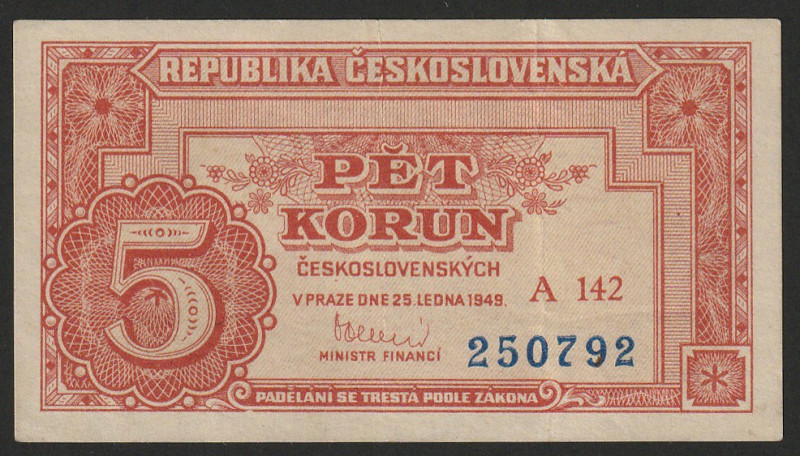 Czechoslovakia 5 Korun 1949

P-68a; S/N A142 250792; AU