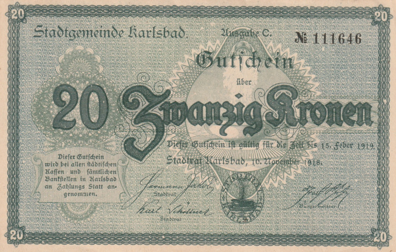 Czechoslovakia Karlsbad 20 Kronen 1919

Notgeld; # 111646; UNC