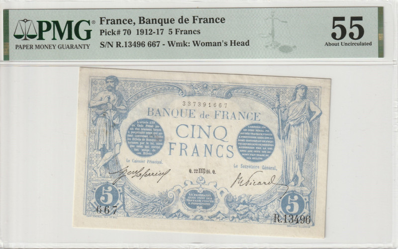 France 5 Francs 1916. PMG 55 

P-70, # 206650, FayS/N 02bis; S/N R.13496 667; ...