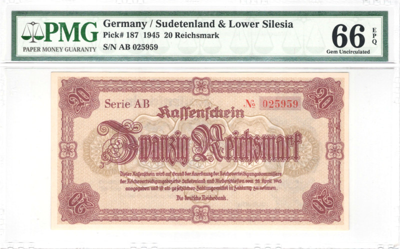 Germany Sudetenland and Lower Silesia 20 Reichsmark 1945; PMG 66 EPQ

P-92a; S...