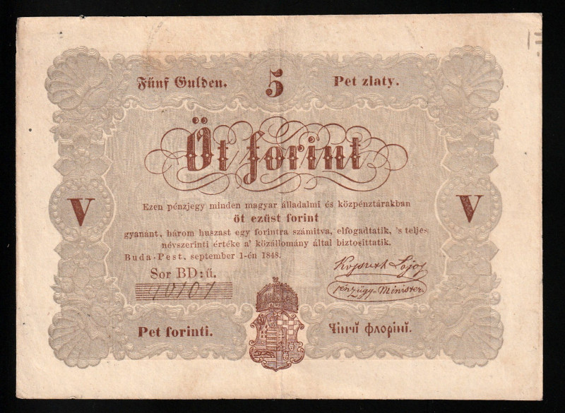 Hungary 5 Forint 1848

P-S116b; # BD:u 40107; Brown Type; XF