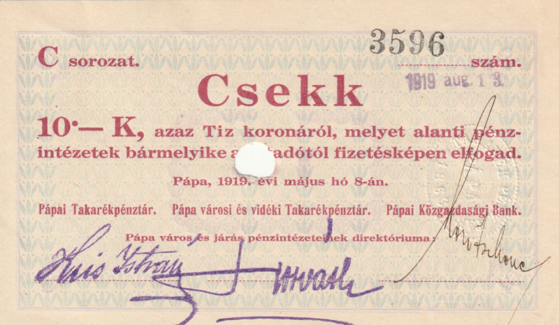 Hungary 10 Korona Check of Papai Bank 1919

Check; UNC