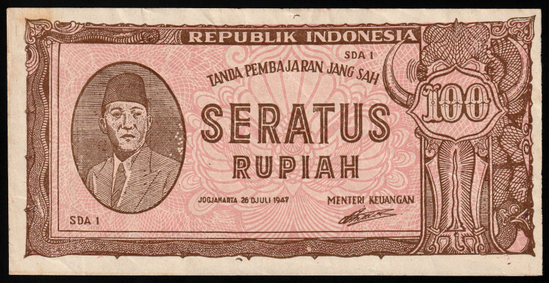 Indonesia 100 Rupiah 1947

P-29; S/N SDA 1; ORI III; AU/UNC