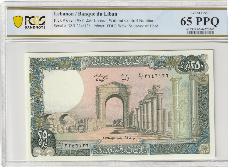 Lebanon 250 Livres 1988. PCGS Gem UNC 65 PPQ 

P-67e; S/N 3Z/1 3246136