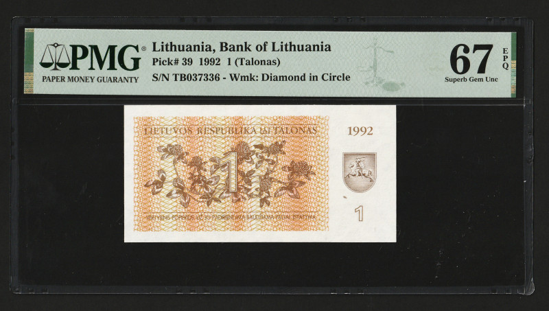 Lithuania 1 Talonu 1992. PMG Superb Gem UNC 67 EPQ

P-39; S/N TB037336; Superb...