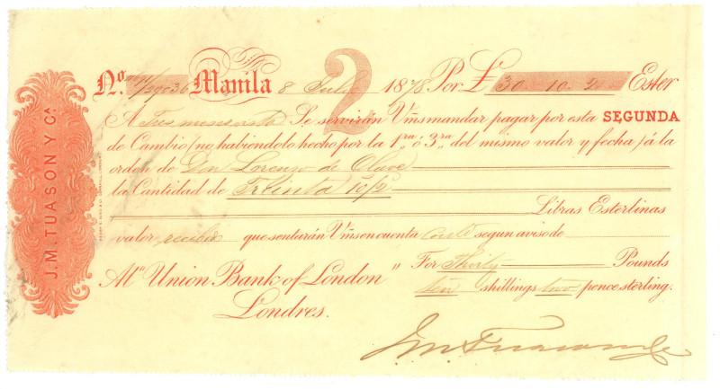 Philippines Bank J.M Tuason & Co Manila Bill of Exchange for £30-10-2 1878 

S...