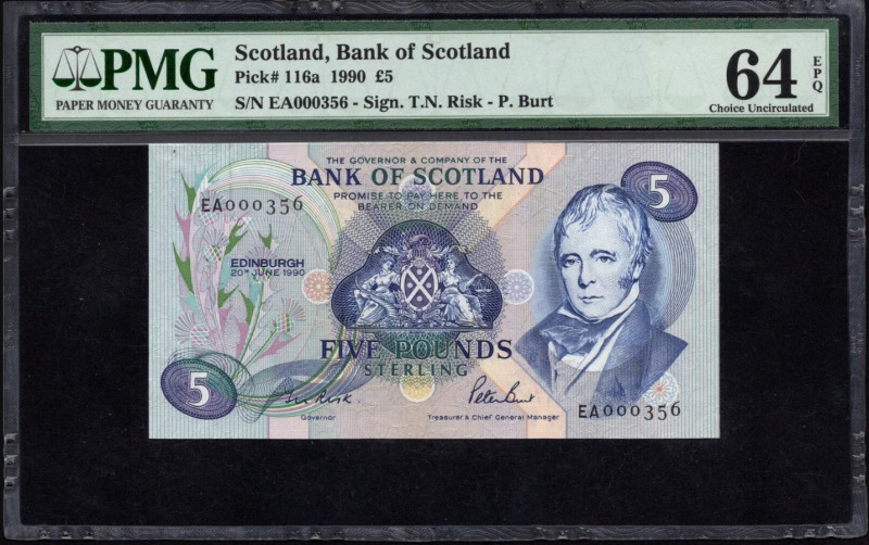 Scotland 5 Pounds 1990. PMG Choice UNC 64

P-116a; S/N EA000356; Low S/N; Sign...