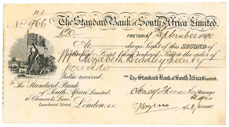 South Africa Standard Bank of South Africa Ltd Bill of Exchange for £20 Pretoria...