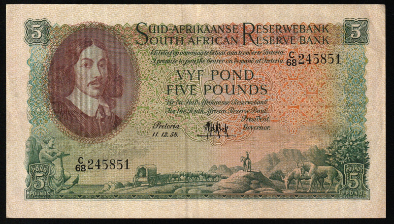 South Africa 5 Pounds 1956

P-97c; # C68 245851; VF