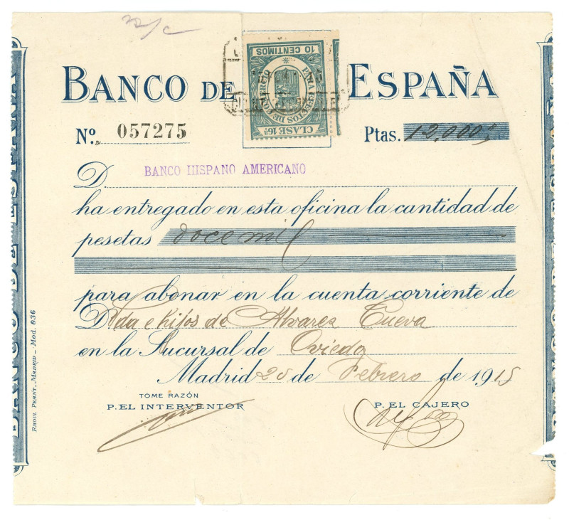 Spain Banco de Espana Sucursal de Oviedo Bono 12,000 Pesetas 1915 

S/N 057275...