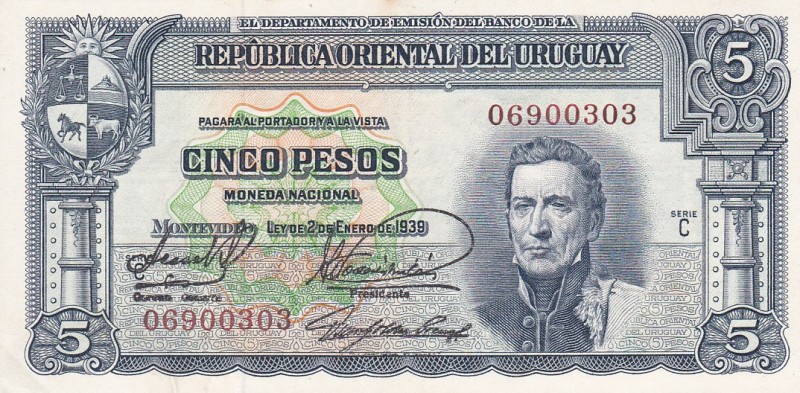 Uruguay 5 Pesos 1939

P-36b.2, Rot R# 10.IV, N# 223232; Serie C S/N 06900303; ...