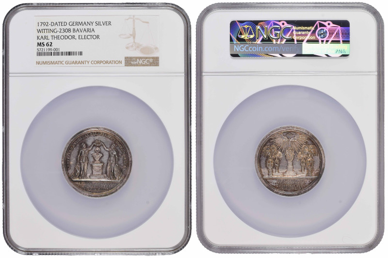 Germany Bavaria Karl Theodor Silver Medal 1792; NGC MS62; "יהוה"; Rare

Whitin...