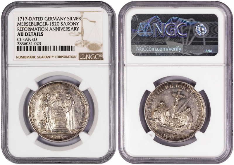 Germany Saxony Reformation Silver Medal 1717; NGC AU Details ( Cleaned ); "יהוה"...