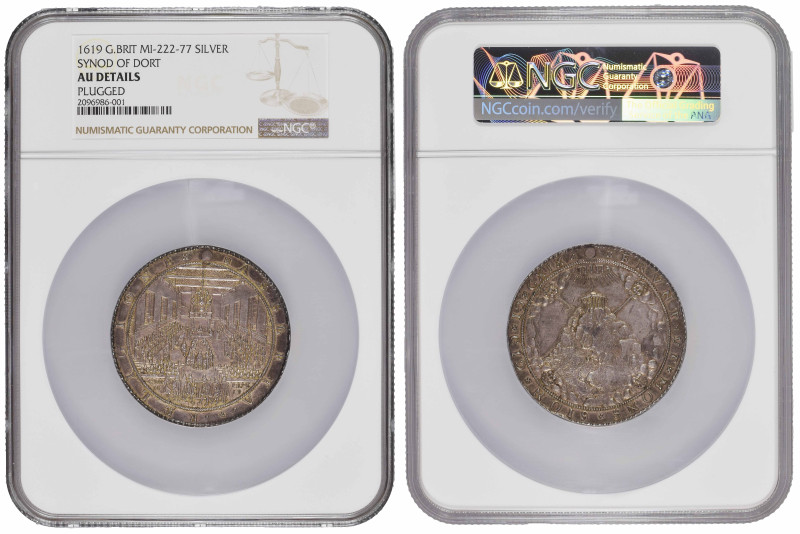 Great Britain Synod of Dort Silver Medal 1619; NGC AU Details ( Tooled ); "יהוה"...