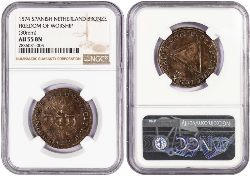 Spanish Netherland Freedom of Worship Jatone 1574; NGC AU 55-BN

AE Medal 1574...