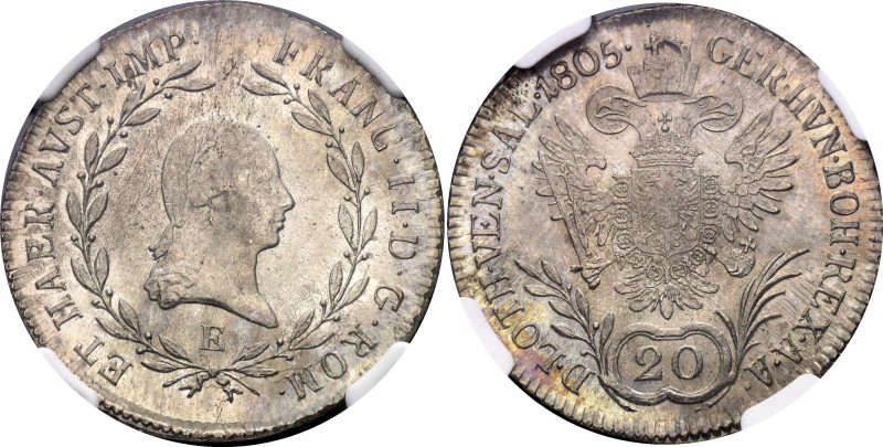 Austria 20 Kreuzer 1805 E NGC MS64

KM# 2140, Adamo# C29, N# 7076; Silver 6.70...