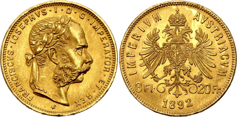 Austria 8 Florin / 20 Francs 1892

KM# 2269, N# 17723; Gold (.900) 6.45 g.; Fr...