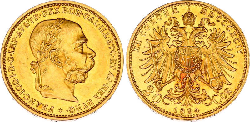 Austria 20 Corona 1894 MDCCCXCIV

KM# 2806, N# 14747; Gold (.900) 6.78 g.; Fra...