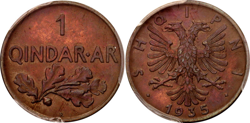 Albania 1 Qindar Ar 1935 R PCGS MS63 BN

KM# 14, N# 10470; Bronze; Zog I; Rome...