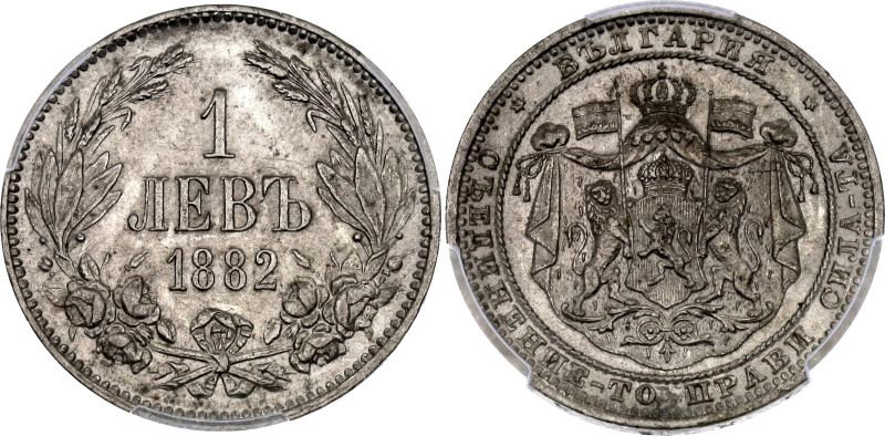 Bulgaria 1 Lev 1882 PCGS MS61

KM# 4, N# 17028; Silver 5.00 g.; Alexander I; S...