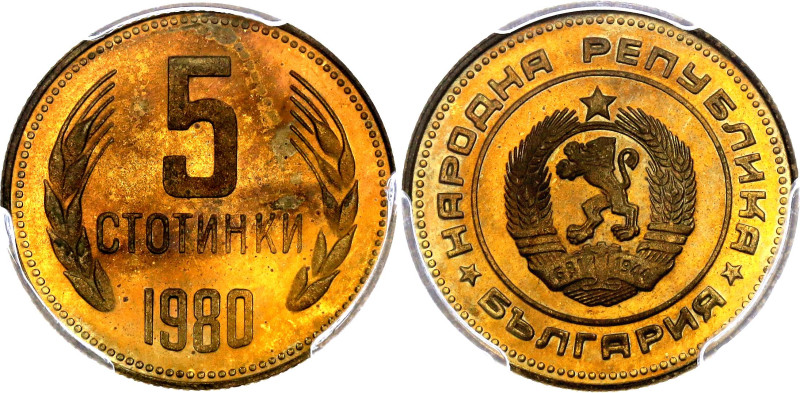 Bulgaria 5 Stotinki 1980 PCGS PR64 DCAM

KM# 86, N# 841; Brass., Proof; Mintag...