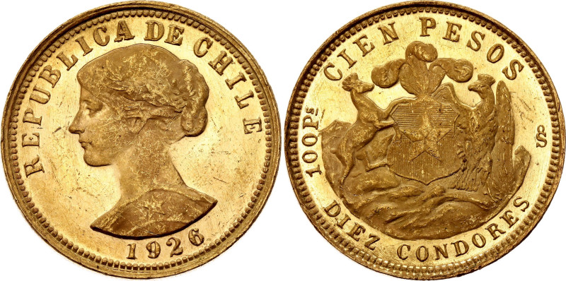 Chile 100 Pesos 1926 So Triple Strike Error

KM# 170, N# 34942; Gold (.900) 20...