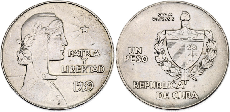 Cuba 1 Peso 1939

KM# 22, Y# 16, N# 13902; Silver 26.72 g.; Philadelphia Mint;...