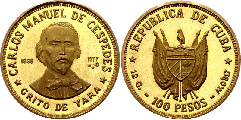 Cuba 100 Pesos 1977

KM# 43, N# 109293; Gold (.917) 12.00 g., Proof; Figures i...