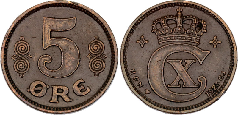 Denmark 5 Ore 1923 HCN GJ Key Date

KM# 814.2, Schön# 22, N# 9394; Bronze; Chr...