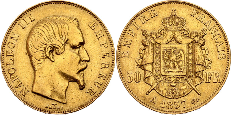 France 50 Francs 1857 A

KM# 785.1, N# 10256; Gold (.900) 16.11 g.; Napoleon I...