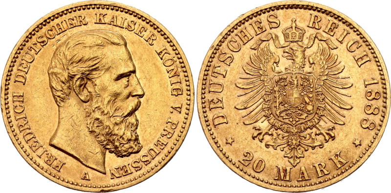 Germany - Empire Prussia 20 Mark 1888 A

KM# 515, N# 21755; Gold (.900) 7.96 g...