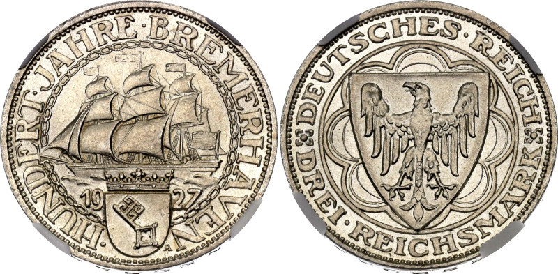 Germany - Weimar Republic 3 Reichsmark 1927 A NGC MS64+

KM# 50, N# 23144; Sil...