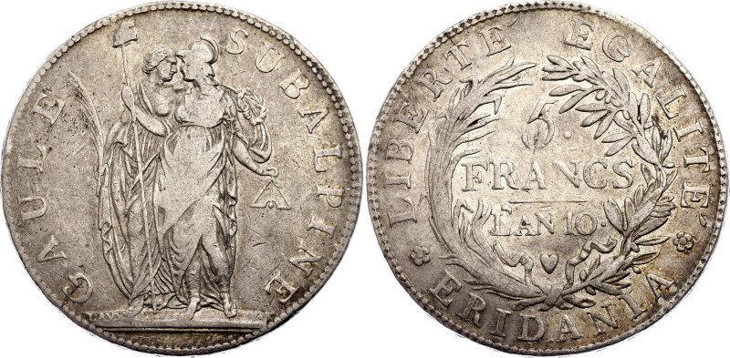 Italian States Piedmont 5 Francs 1801 L'AN 10

C# 4, N# 18075; Silver 24.71 g....