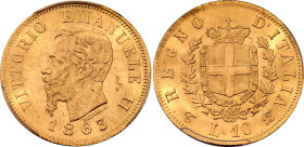 Italy 10 Lire 1863 T BN PCGS MS63+