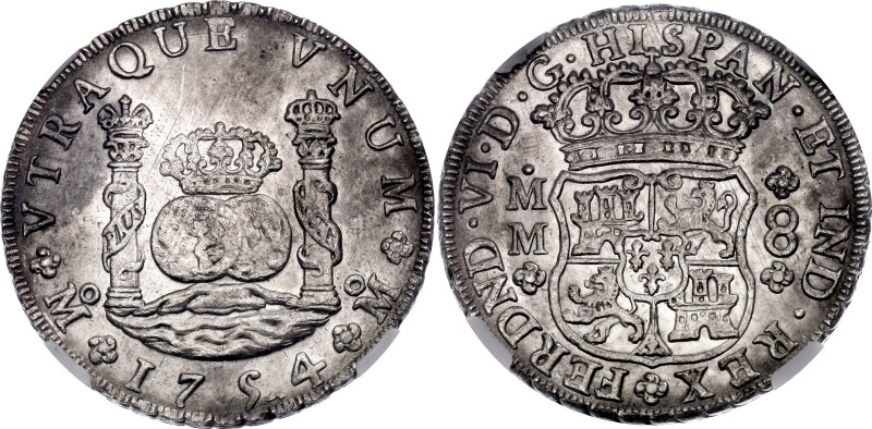 Mexico 8 Reales 1754 Mo MF NGC UNC

KM# 104.2, N# 15060; Imperial crown; Silve...