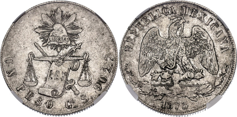 Mexico 1 Peso 1873 Go S "Balanza" NGC AU55

KM# 408.4, N# 15043; Silver; Guana...