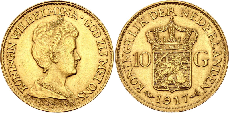 Netherlands 10 Gulden 1917

KM# 149, N# 6553; Gold (.900) 6.73 g.; Wilhelmina;...