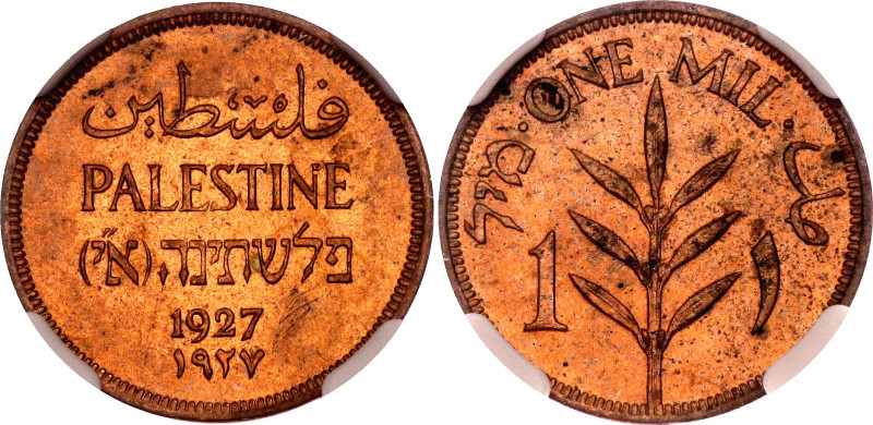 Palestine 1 Mil 1927 NGC MS64 RB

KM# 1, Aharoni# 1, N# 5483; Bronze; With red...