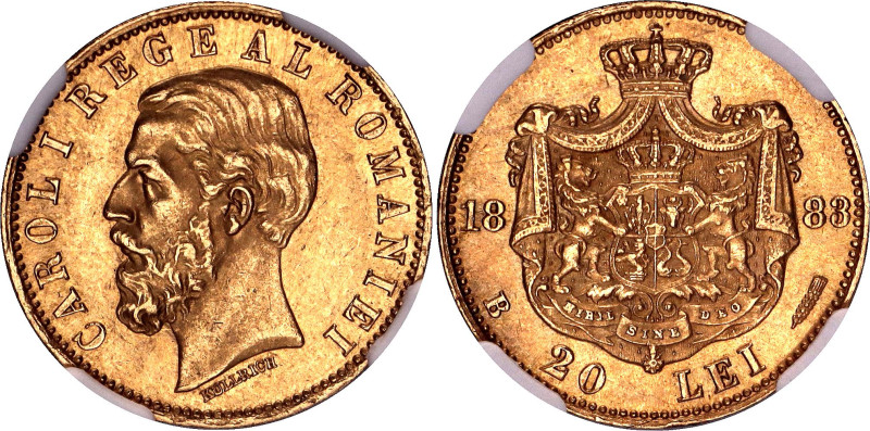 Romania 20 Lei 1883 B NGC MS62

KM# 20, Fr# 3, N# 23936; Gold (900) 6.45 g.; C...