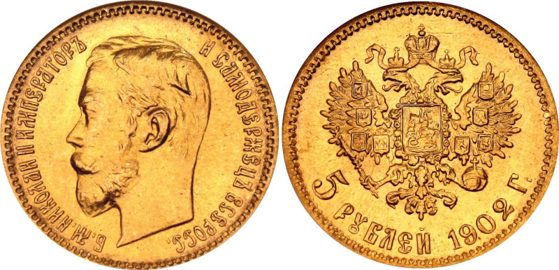 Russia 5 Roubles 1902 AP NGC MS65

Bit# 29, Conros# 20/12; Gold (.900) 4.30 g....