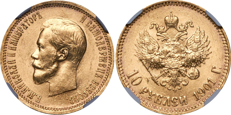Russia 10 Roubles 1901 АР NGC MS63

Bit# 9, Conros# 8/7; Gold (.900) 8.60 g.; ...