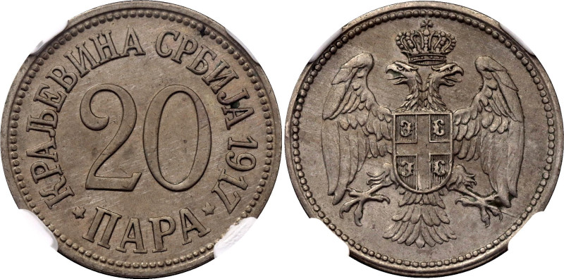 Serbia 20 Para 1917 NGC MS64

KM# 20, Schön# 4, N# 3711; Copper-nickel; Petar ...