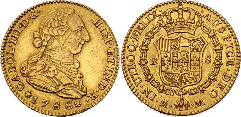 Spain 2 Escudos 1788 MM

KM# 417.1a, Cal# 459, N# 14831; Gold (.875) 6.80 g; C...