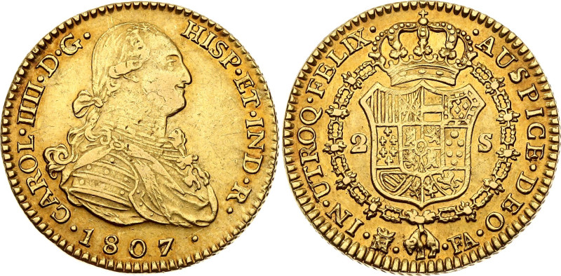 Spain 2 Escudos 1807 M FA

KM# 435.1, Cal# 350, N# 23353; Gold (.875) 6.88 g.;...