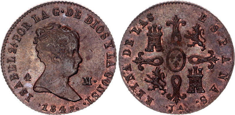 Spain 4 Maravedis 1847 J

KM# 530.2, Cal# 517, N# 18504; Copper; Isabella II; ...