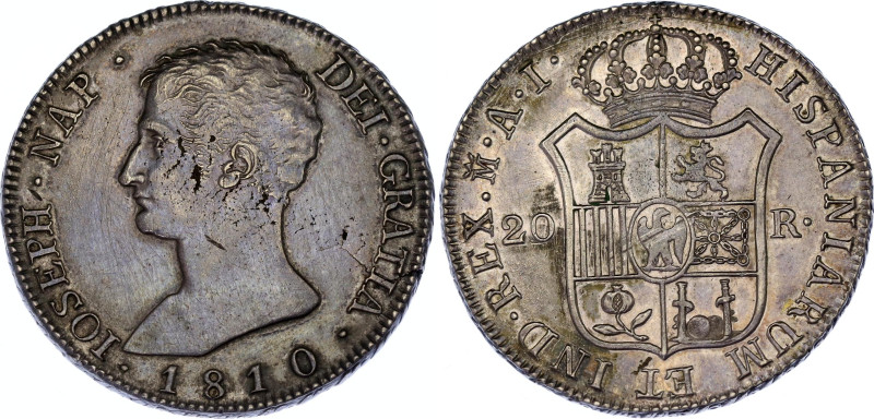 Spain 20 Reales 1810 AI

KM# 551.2, N# 17981; Silver 26.78 g.; Jose I Bonapart...